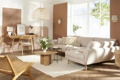 Canapé d'angle droit scandinave 5 places en tissu beige et bois clair CREEP