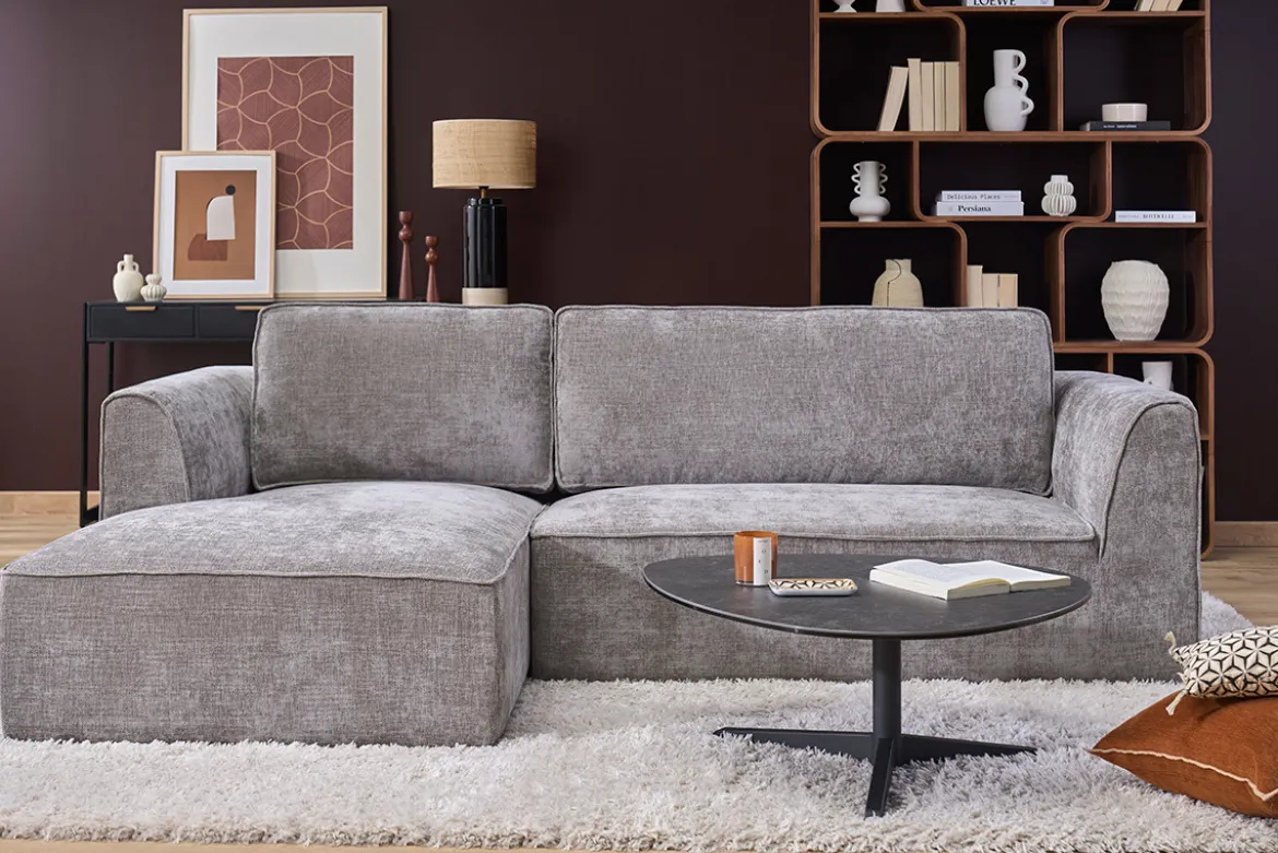 Canapé d'angle gauche design en tissu effet velours texturé gris 3 places GRAMMY