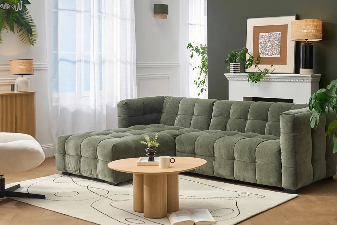 Canapé d'angle gauche design 3 places en tissu effet velours vert kaki CORTO