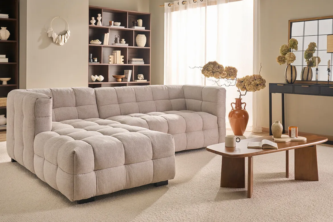 Canapé d'angle gauche design 3 places en tissu effet velours texturé beige CORTO