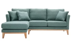 Canapé d'angle gauche déhoussable scandinave en tissu vert de gris et bois clair 3-4 places OSLO