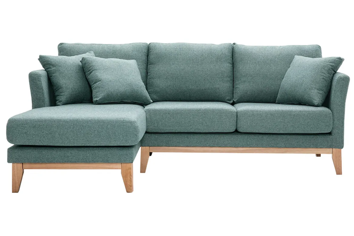 Canapé d'angle gauche déhoussable scandinave en tissu vert de gris et bois clair 3-4 places OSLO