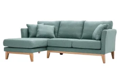 Canapé d'angle gauche déhoussable scandinave en tissu vert de gris et bois clair 3-4 places OSLO