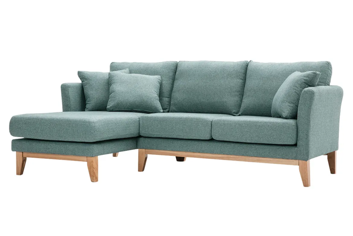 Canapé d'angle gauche déhoussable scandinave en tissu vert de gris et bois clair 3-4 places OSLO