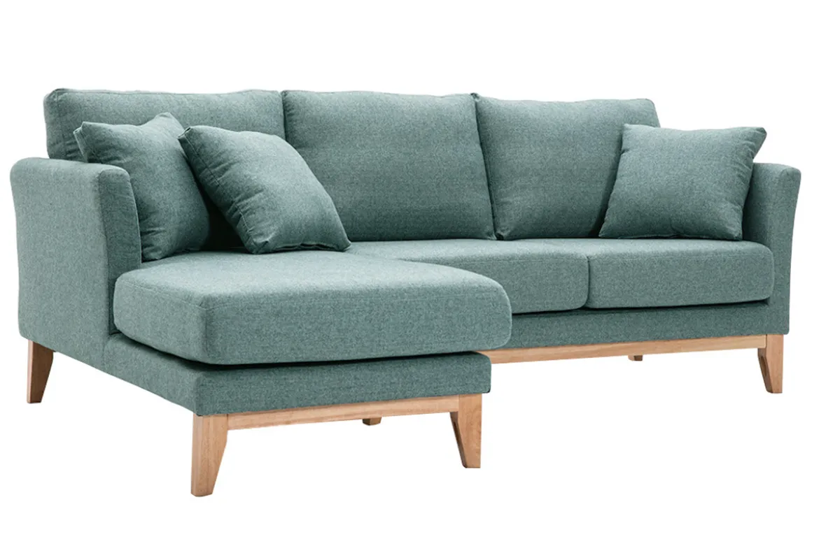 Canapé d'angle gauche déhoussable scandinave en tissu vert de gris et bois clair 3-4 places OSLO