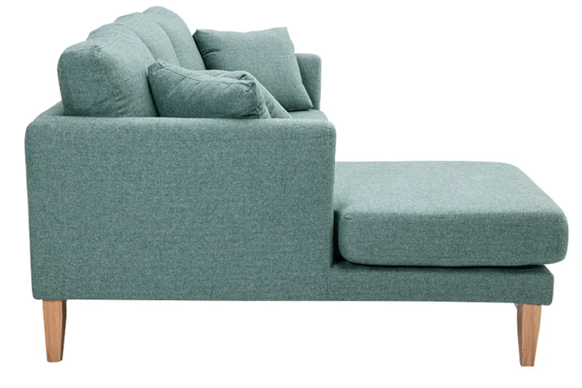 Canapé d'angle gauche déhoussable scandinave en tissu vert de gris et bois clair 3-4 places OSLO