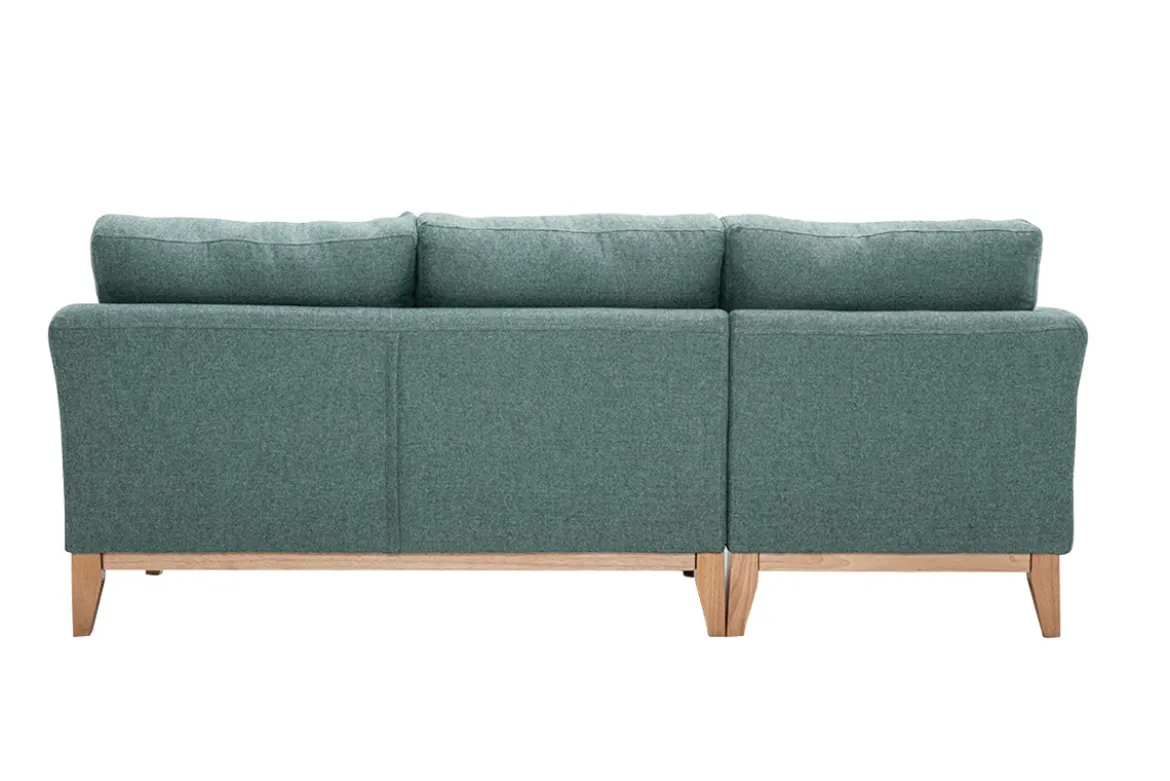 Canapé d'angle gauche déhoussable scandinave en tissu vert de gris et bois clair 3-4 places OSLO