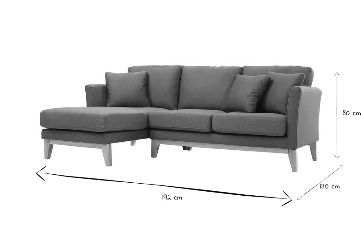 Canapé d'angle gauche déhoussable scandinave en tissu vert de gris et bois clair 3-4 places OSLO