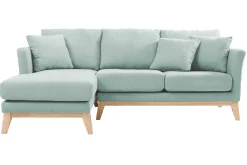 Canapé d'angle gauche déhoussable scandinave en tissu vert lagon et bois clair 3-4 places OSLO