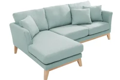 Canapé d'angle gauche déhoussable scandinave en tissu vert lagon et bois clair 3-4 places OSLO