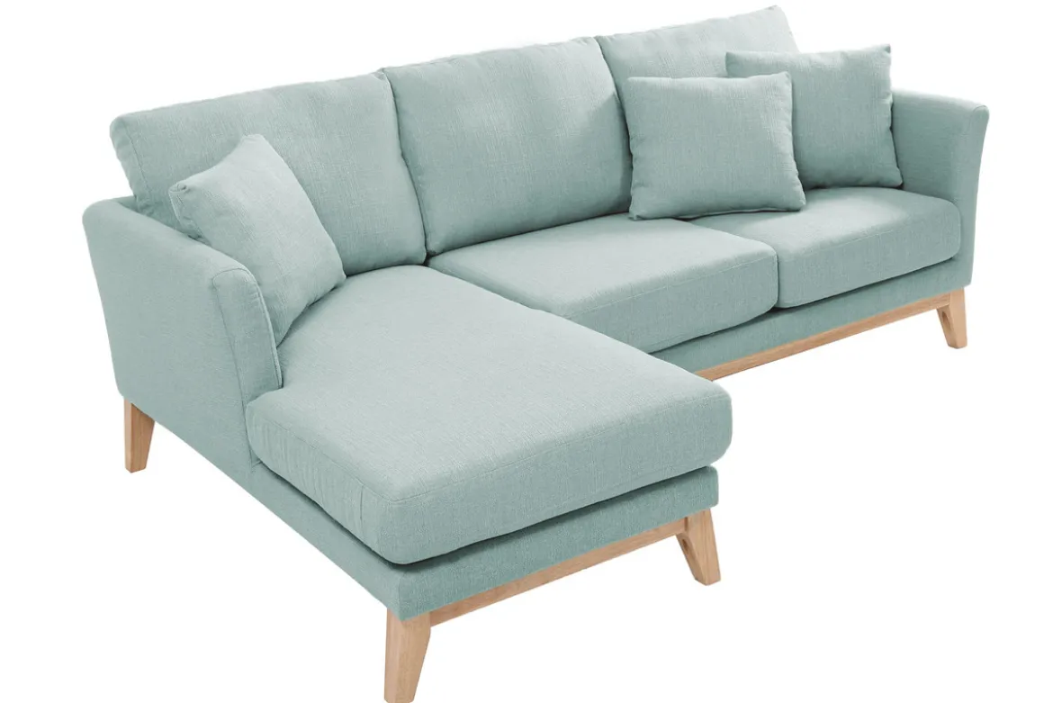 Canapé d'angle gauche déhoussable scandinave en tissu vert lagon et bois clair 3-4 places OSLO