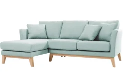 Canapé d'angle gauche déhoussable scandinave en tissu vert lagon et bois clair 3-4 places OSLO