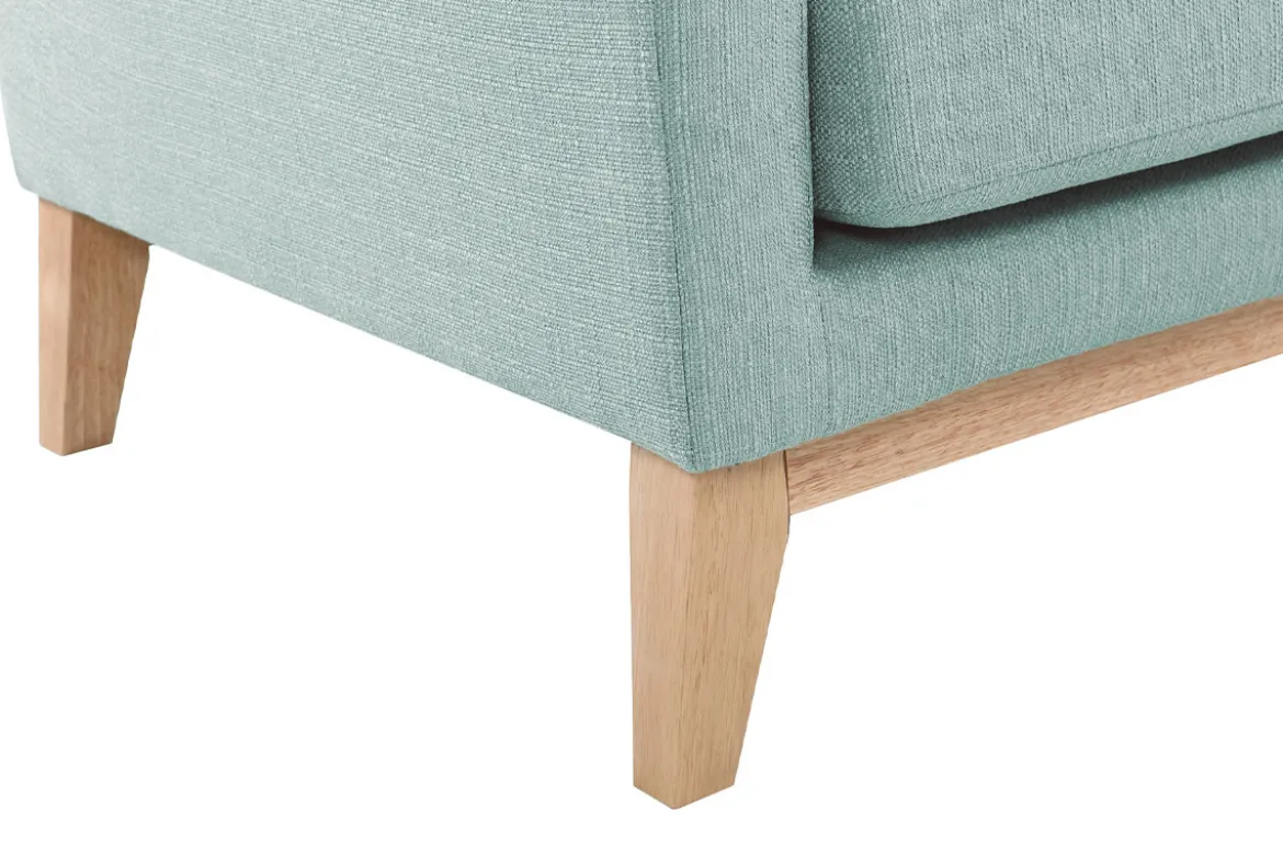 Canapé d'angle gauche déhoussable scandinave en tissu vert lagon et bois clair 3-4 places OSLO