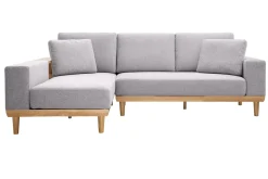 Canapé d'angle gauche 5 places avec rangements en tissu effet velours texturé gris clair et bois clair KOMAO
