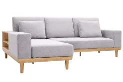 Canapé d'angle gauche 5 places avec rangements en tissu effet velours texturé gris clair et bois clair KOMAO