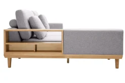 Canapé d'angle gauche 5 places avec rangements en tissu effet velours texturé gris clair et bois clair KOMAO