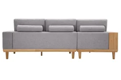 Canapé d'angle gauche 5 places avec rangements en tissu effet velours texturé gris clair et bois clair KOMAO