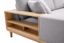 Canapé d'angle gauche 5 places avec rangements en tissu effet velours texturé gris clair et bois clair KOMAO