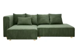 Canapé d'angle gauche 3 places en tissu velours côtelé vert kaki et bois clair HARLEM
