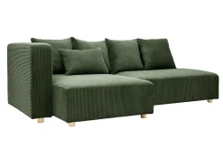 Canapé d'angle gauche 3 places en tissu velours côtelé vert kaki et bois clair HARLEM
