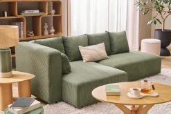 Canapé d'angle gauche 3 places en tissu velours côtelé vert kaki et bois clair HARLEM