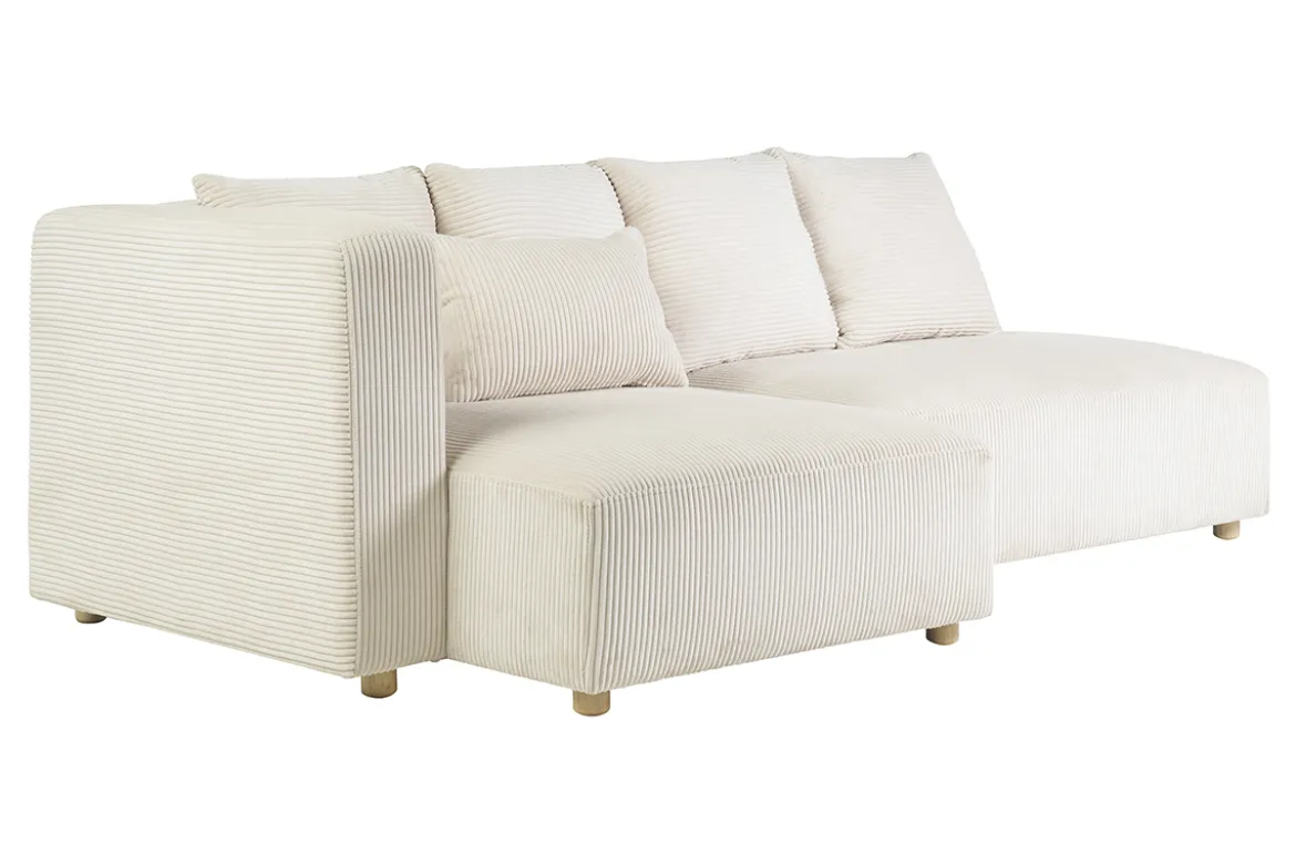 Canapé d'angle gauche 3 places en tissu velours côtelé beige et bois clair HARLEM