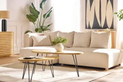 Canapé d'angle gauche 3 places en tissu velours côtelé beige et bois clair HARLEM