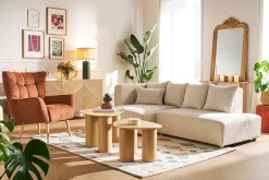 Canapé d'angle gauche 3 places en tissu velours côtelé beige et bois clair HARLEM