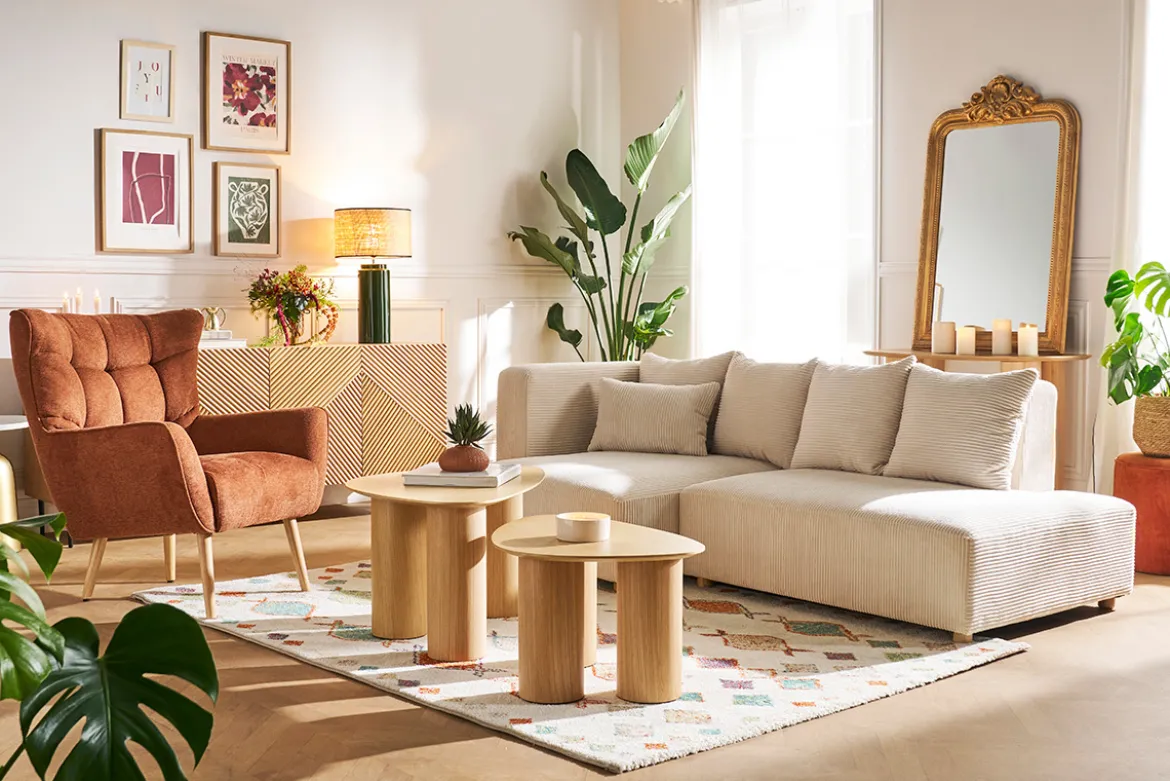 Canapé d'angle gauche 3 places en tissu velours côtelé beige et bois clair HARLEM