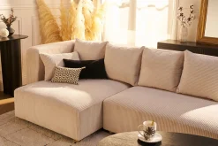 Canapé d'angle gauche 3 places en tissu velours côtelé beige et bois clair HARLEM