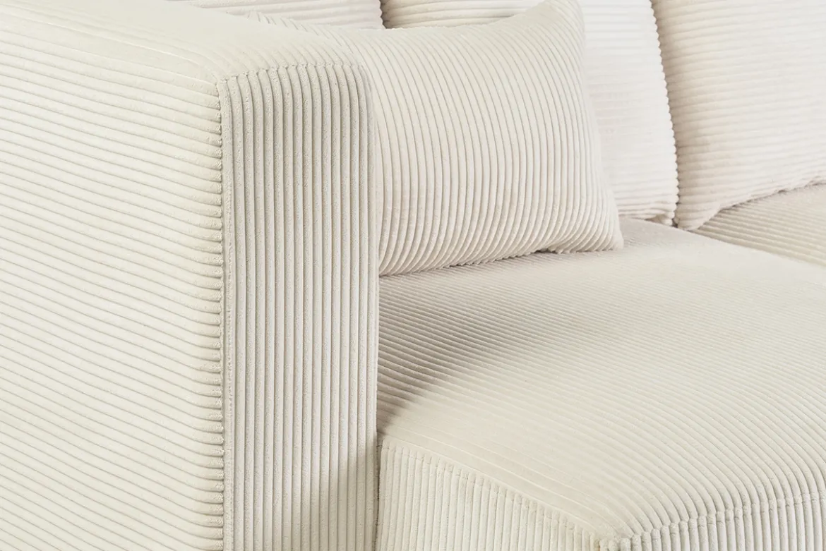 Canapé d'angle gauche 3 places en tissu velours côtelé beige et bois clair HARLEM