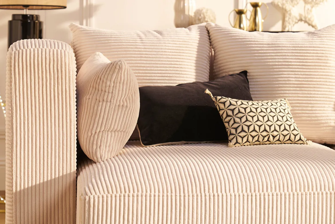Canapé d'angle gauche 3 places en tissu velours côtelé beige et bois clair HARLEM