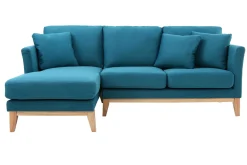 Canapé d'angle gauche scandinave bleu canard déhoussable et bois clair 3-4 places OSLO