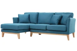 Canapé d'angle gauche scandinave bleu canard déhoussable et bois clair 3-4 places OSLO