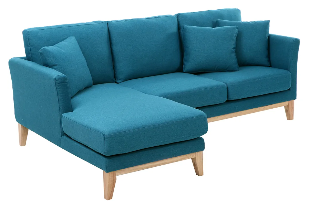 Canapé d'angle gauche scandinave bleu canard déhoussable et bois clair 3-4 places OSLO