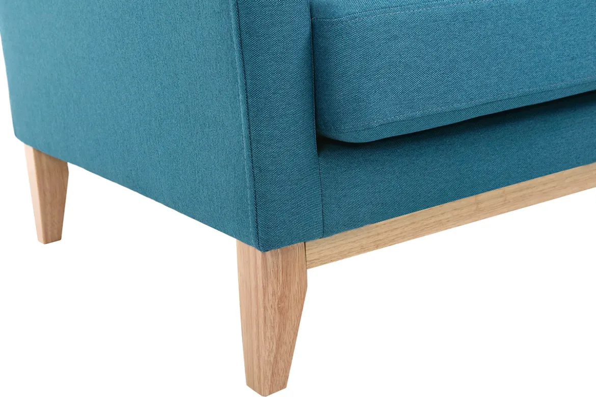 Canapé d'angle gauche scandinave bleu canard déhoussable et bois clair 3-4 places OSLO