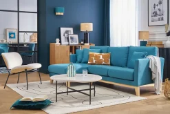 Canapé d'angle gauche scandinave bleu canard déhoussable et bois clair 3-4 places OSLO