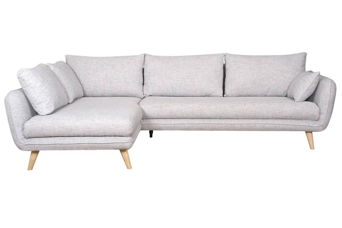 Canapé d'angle gauche scandinave 5 places en tissu gris clair chiné et bois clair CREEP