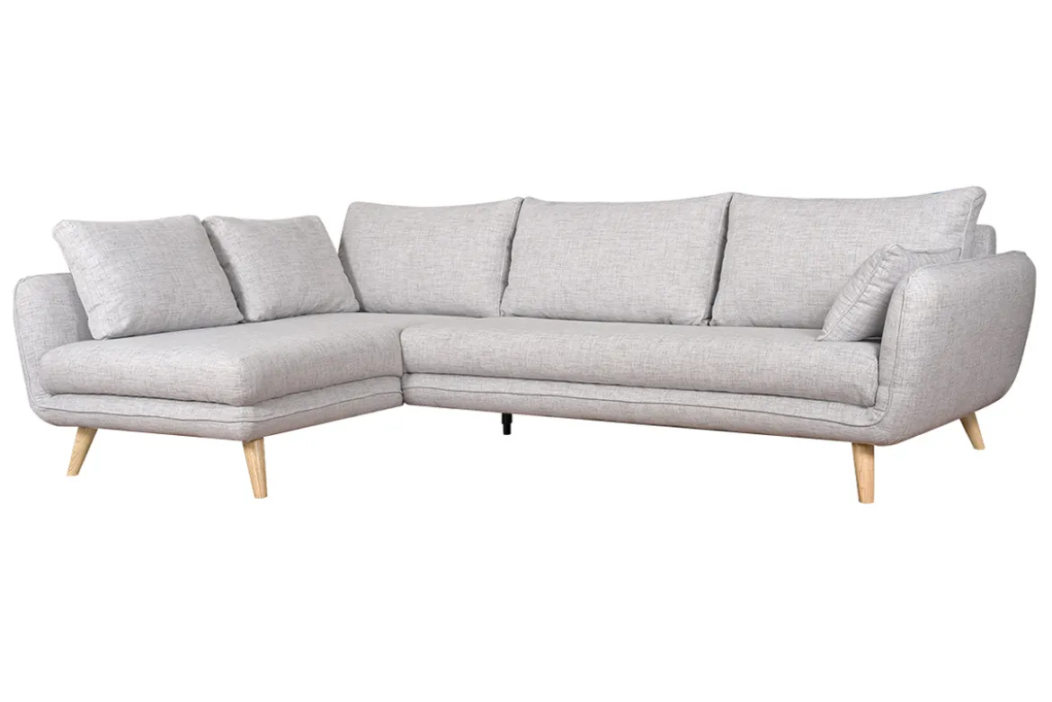 Canapé d'angle gauche scandinave 5 places en tissu gris clair chiné et bois clair CREEP