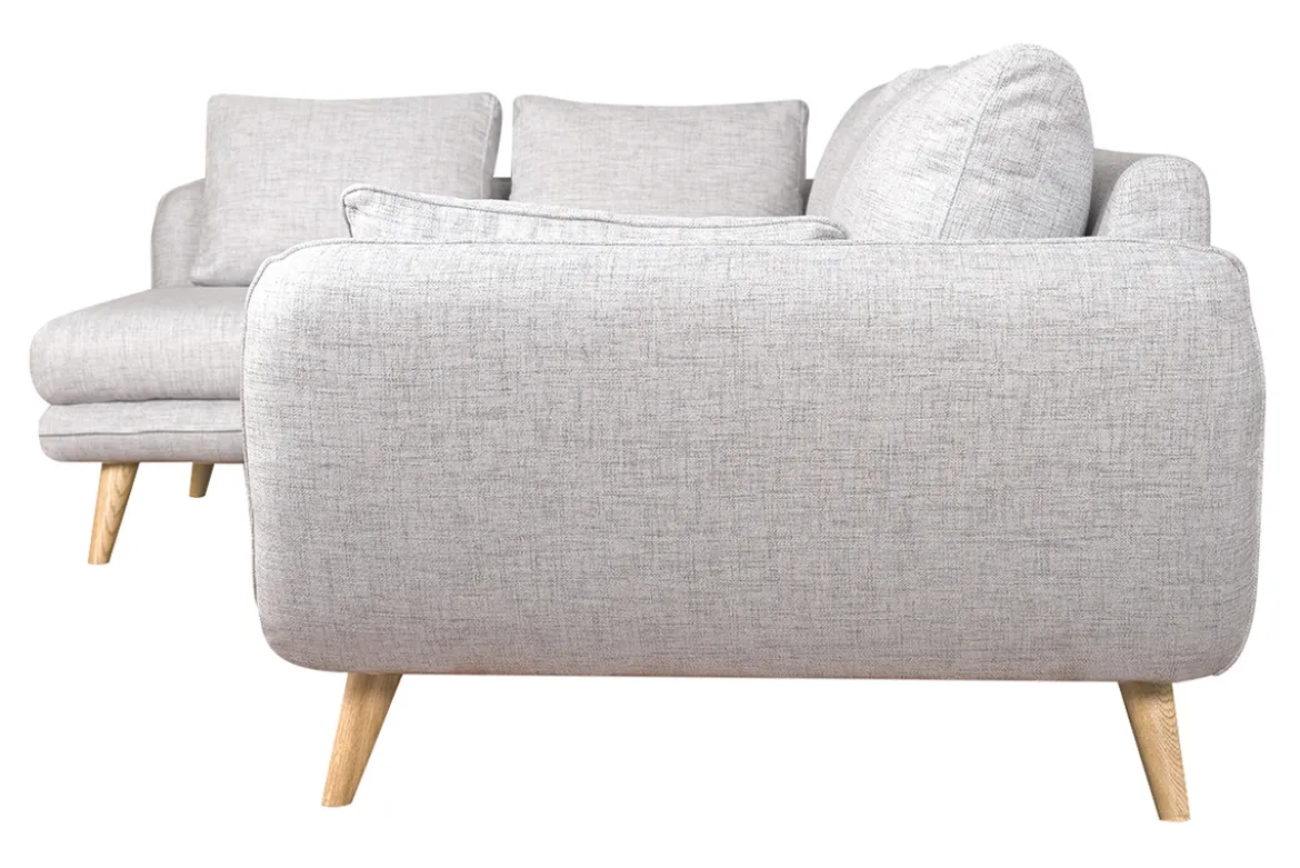 Canapé d'angle gauche scandinave 5 places en tissu gris clair chiné et bois clair CREEP