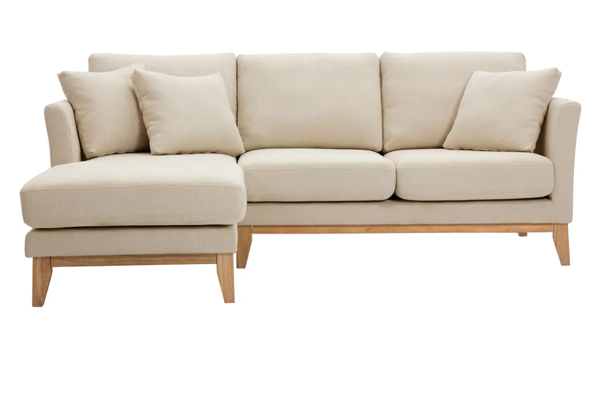 Canapé d'angle gauche scandinave en tissu beige déhoussable et bois clair 3-4 places OSLO