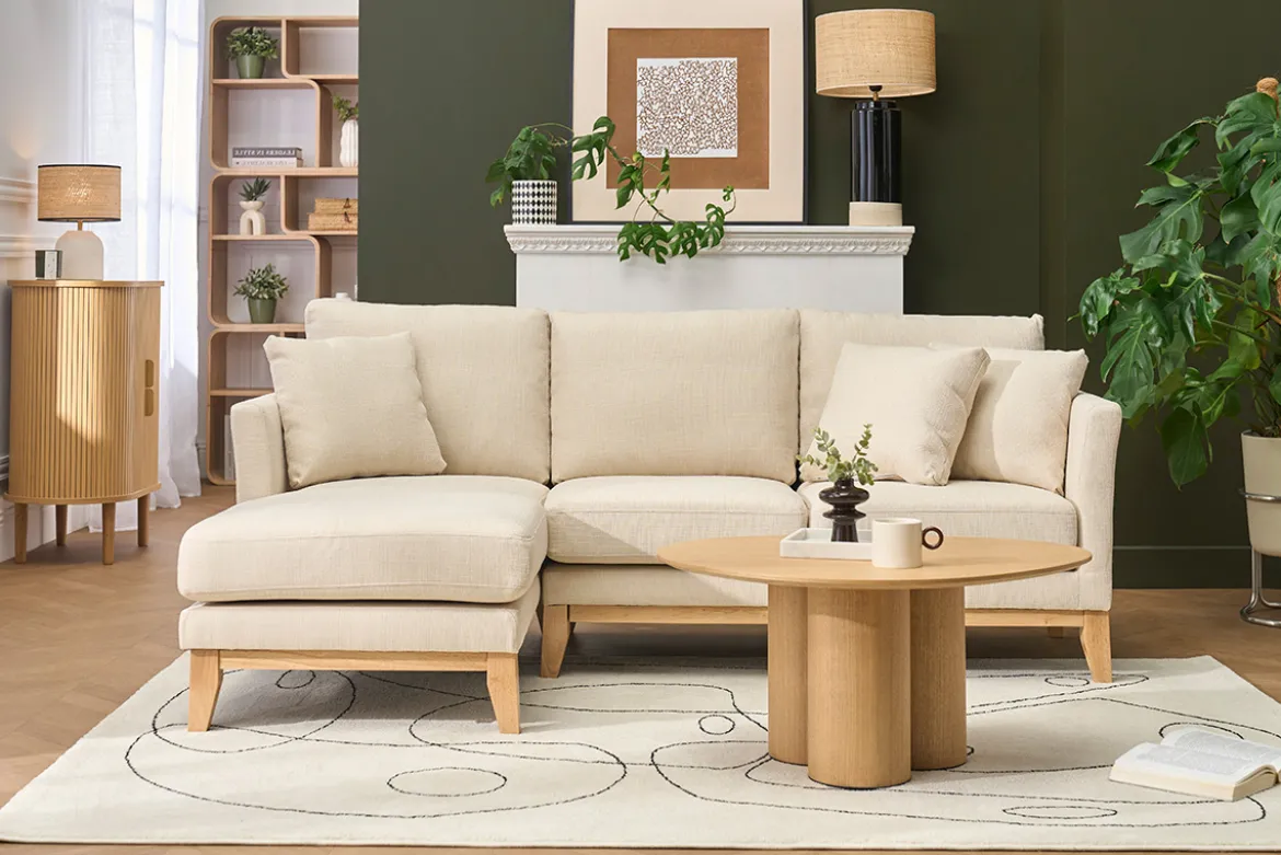 Canapé d'angle gauche scandinave en tissu beige déhoussable et bois clair 3-4 places OSLO