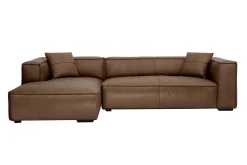 Canapé d'angle gauche vintage 4-5 places en cuir marron et bois noir COBAIN