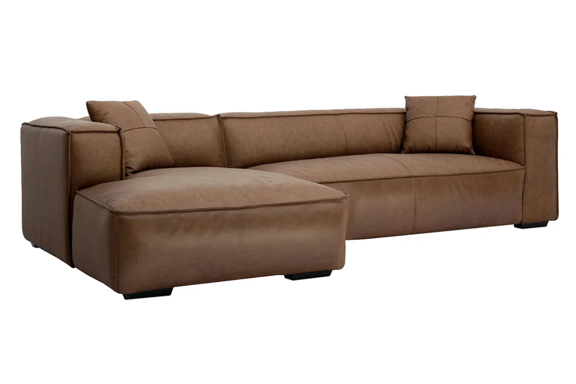 Canapé d'angle gauche vintage 4-5 places en cuir marron et bois noir COBAIN