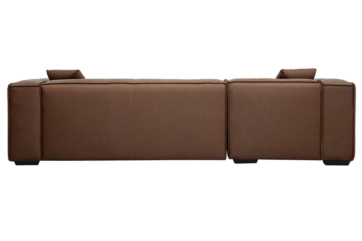 Canapé d'angle gauche vintage 4-5 places en cuir marron et bois noir COBAIN