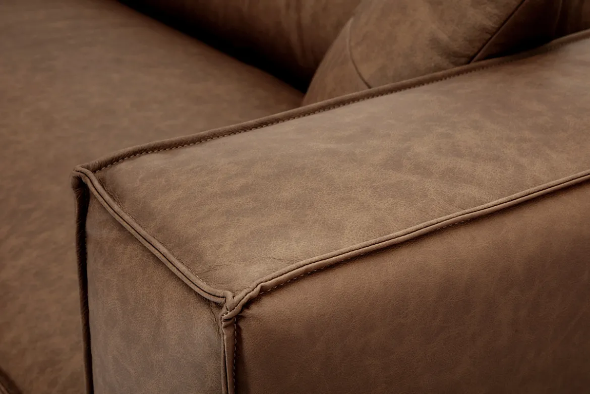 Canapé d'angle gauche vintage 4-5 places en cuir marron et bois noir COBAIN