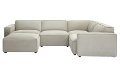 Canapé d'angle modulable 5 places et pouf en tissu effet velours texturé beige SPLIT
