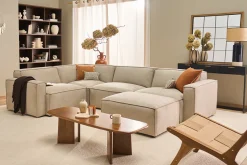 Canapé d'angle modulable 5 places et pouf en tissu effet velours texturé beige SPLIT