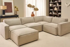 Canapé d'angle modulable 5 places et pouf en tissu effet velours texturé beige SPLIT