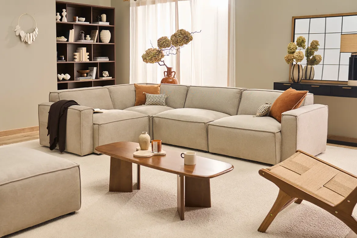 Canapé d'angle modulable 5 places en tissu effet velours texturé beige SPLIT